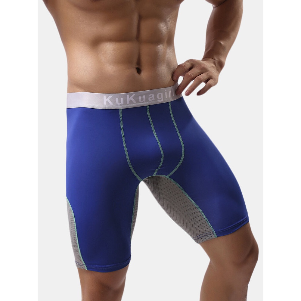 Mens Breathable Mesh Splice Fitness Lengthen Sport Boxer - M Black