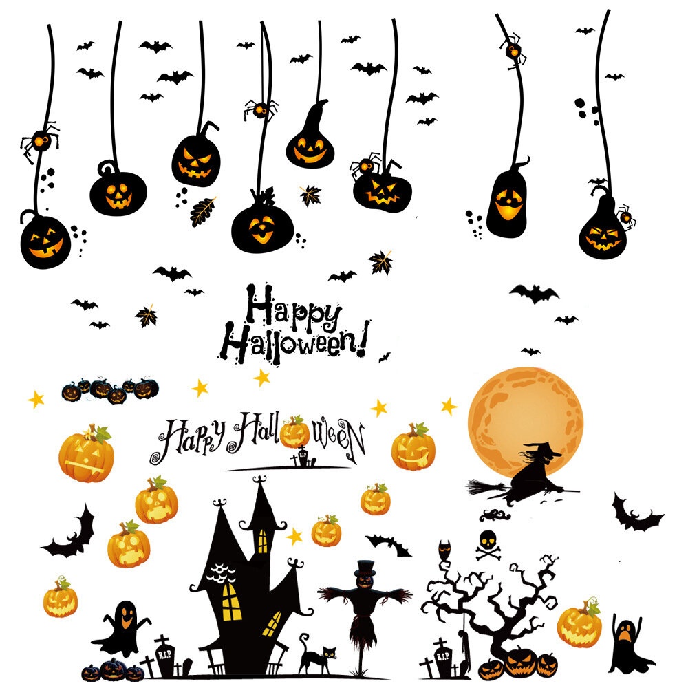 Waterproof PVC Wall Stickers Gothic Pumpkin Lantern Witch Pattern DIY Home Nursery Kid Room Decoration - Type2 - Image 2