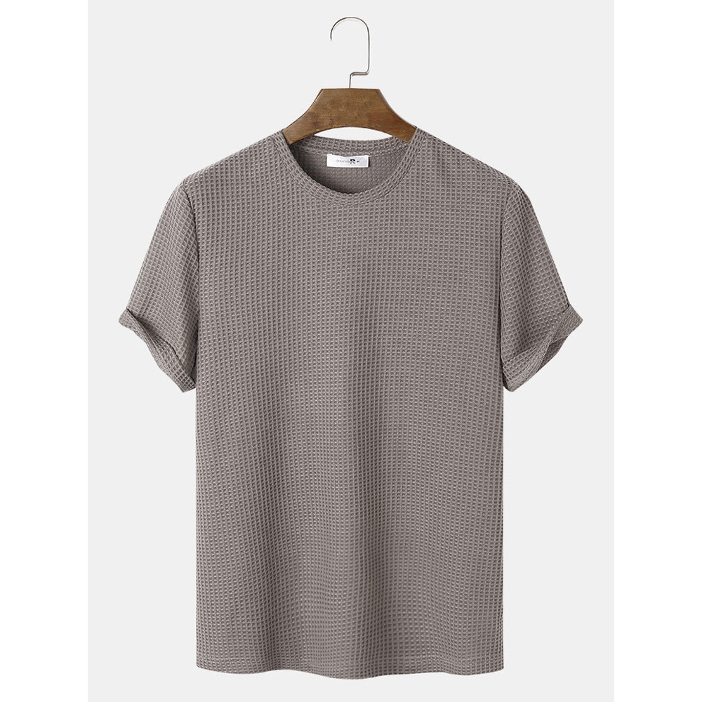 Mens Plain Texture Knitted Waffle Short Sleeve T-Shirt - Khaki S