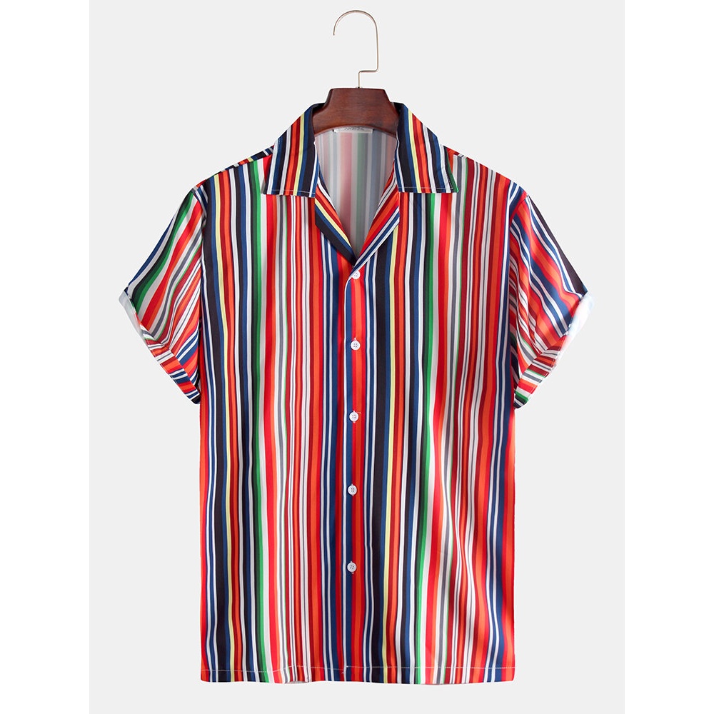 Mens Beach Short Sleeve Color Striped Shirts - S Red