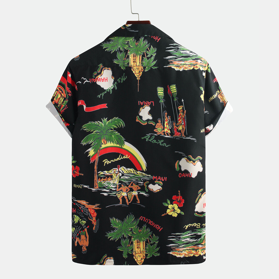 Men Creative Island Character Printed Short Sleeve Shirts - M Black - Image 2