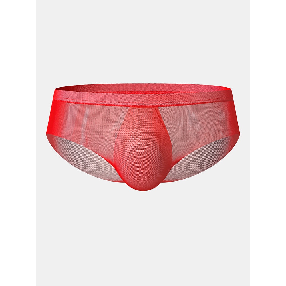 Mens Solid Color See Through Breathable Thin Mid Waist Full Hip Home Briefs - White S