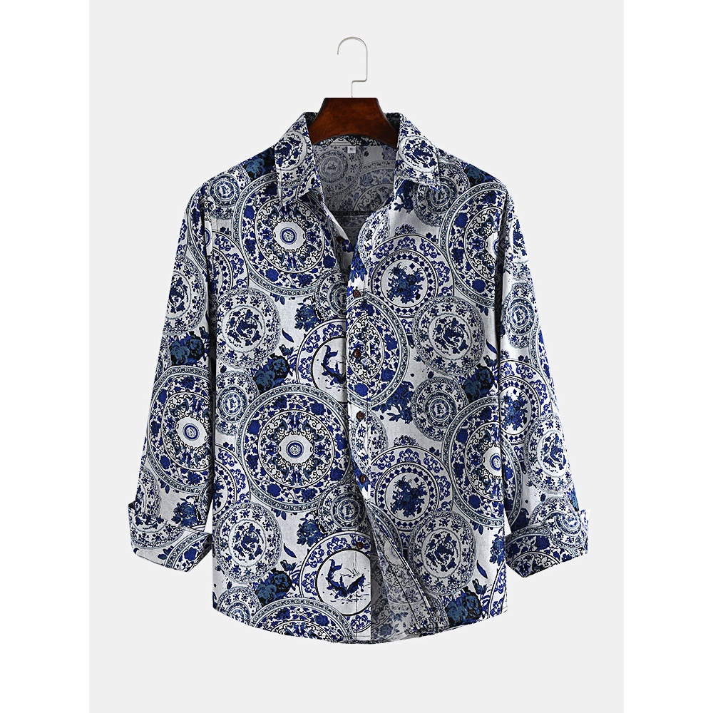 Men Blue and White Porcelain Print Long Sleeve Shirts - S Blue