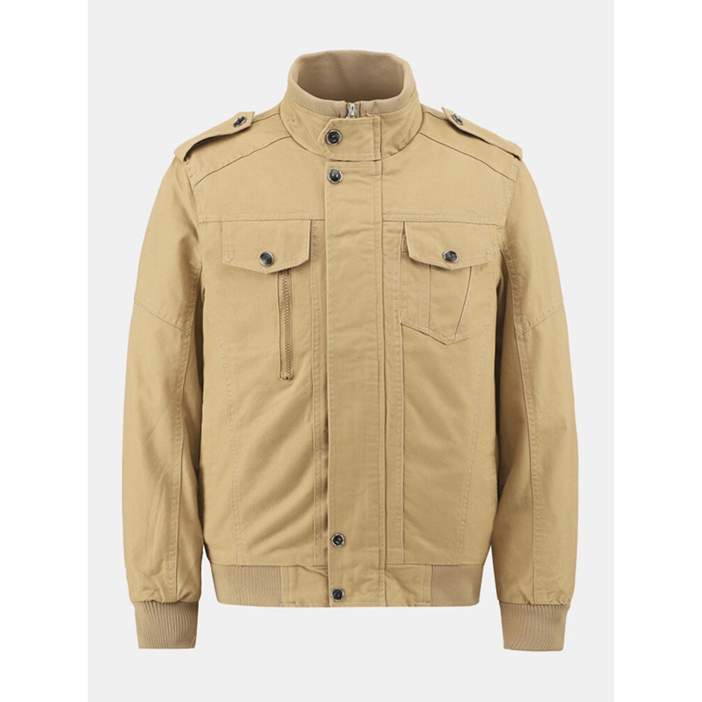 Cotton Mens Multi-Pocket Solid Color Stand Collar Zipper Button Long Sleeve Tooling Jackets - Army Green S