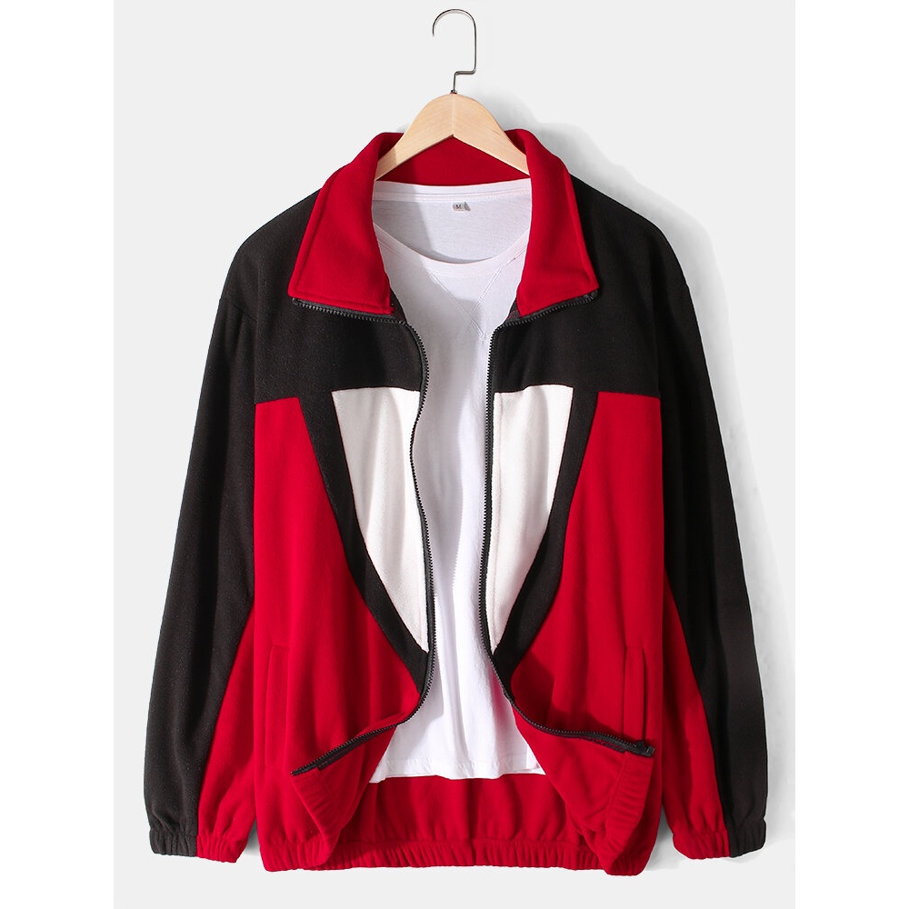 Mens Color Block Patchwork Zip Front Lapel Casual Elastic Hem Cardigans - L Red