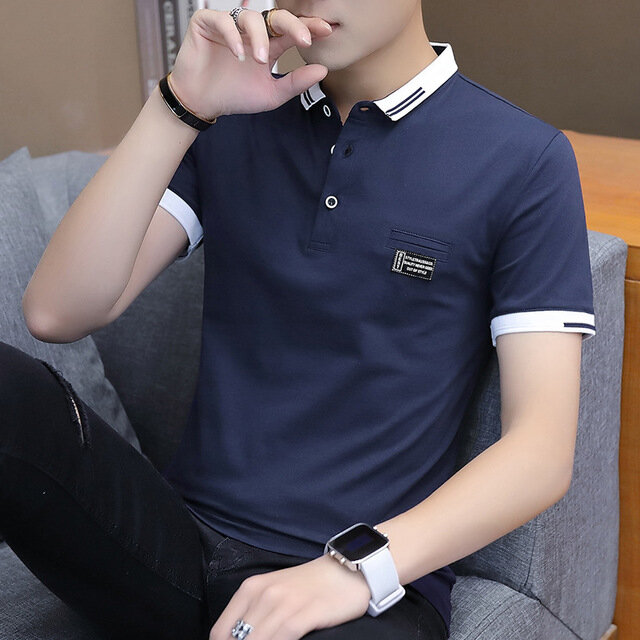 Season New Short-sleeved T-shirt Shirt Men's Lapel Solid Color Shirt Casual Trend Business Men's Compassionate - 3XL Gray/T125 - Image 2