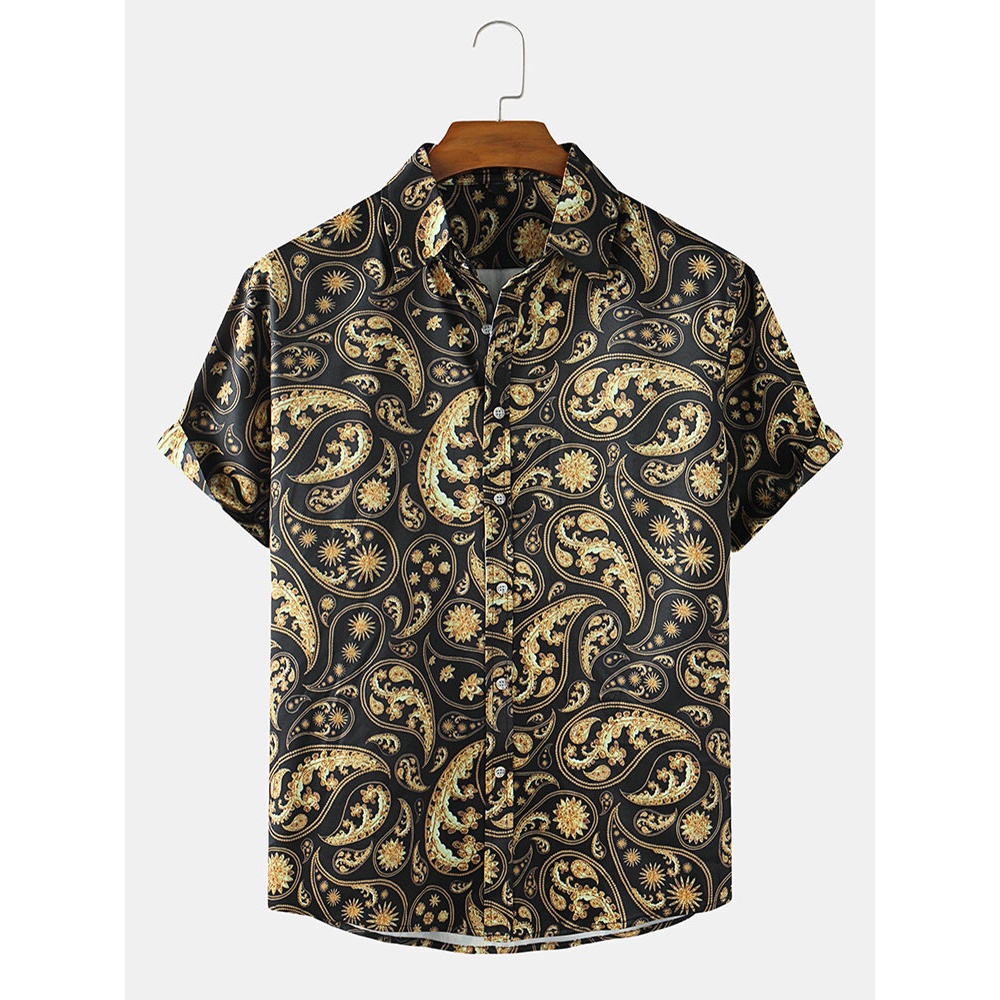 Mens Ethnic Style Paisley Print Casual Loose Thin Short Sleeve Shirts - Black L