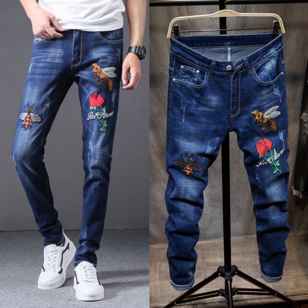 Personalized Embroidered Jeans Men's Slim Feet Fashion Trend New European And American Creative Embroidered Youth Men's Pants - 28 Dark Blue