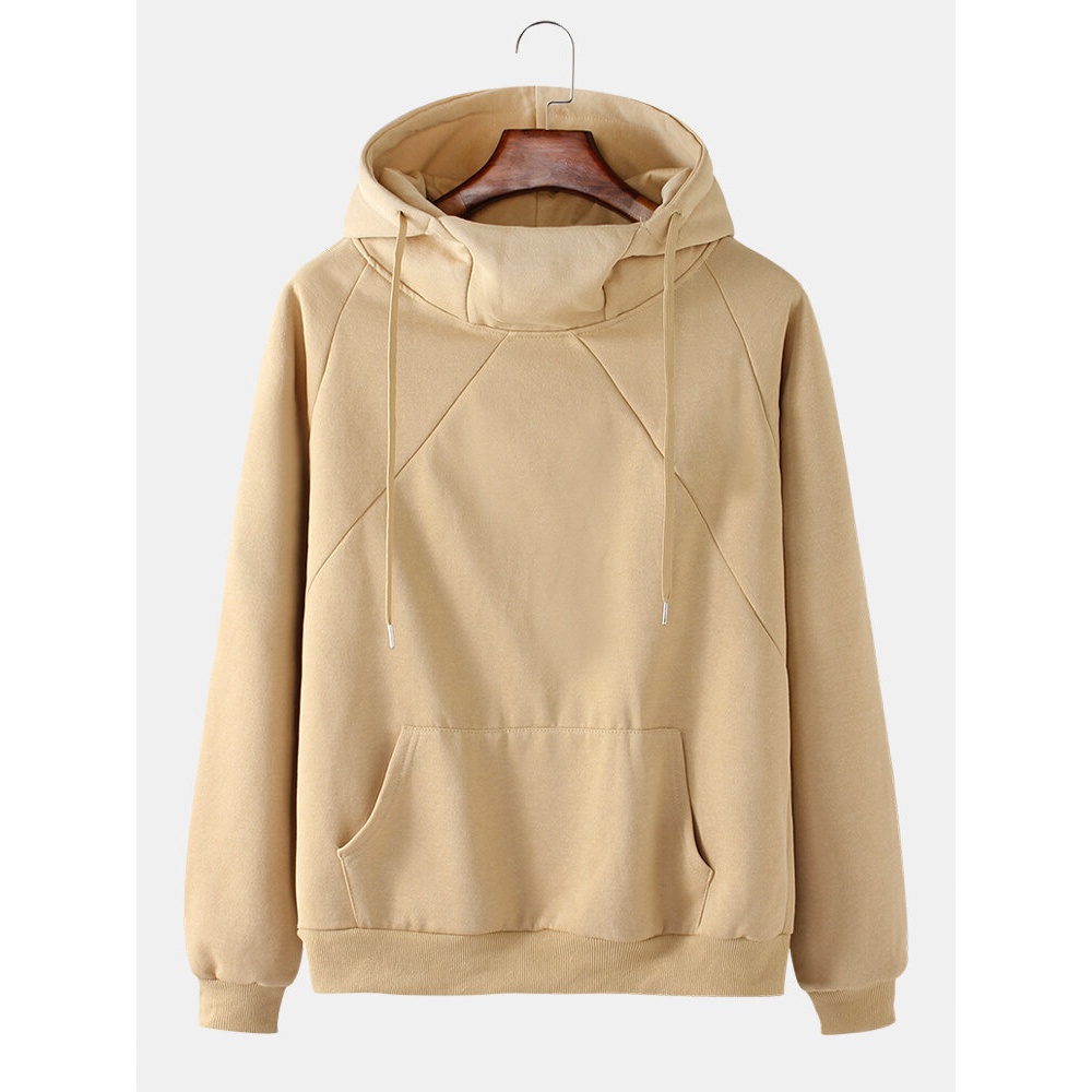Mens Solid Color Raglan Sleeves Kangaroo Pocket Long Sleeve Hoodies - Apricot XL