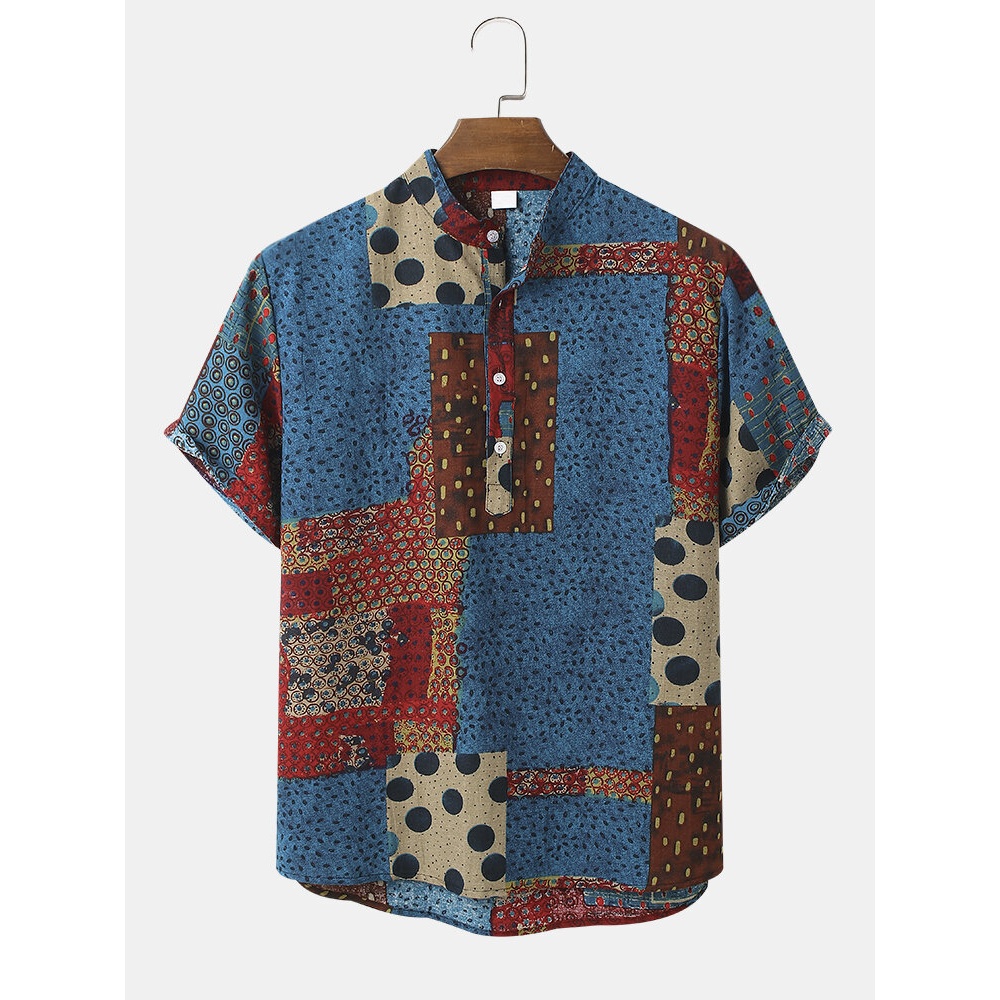 Mens Causual Bohemia Style Stand Collar Shirts - Green L