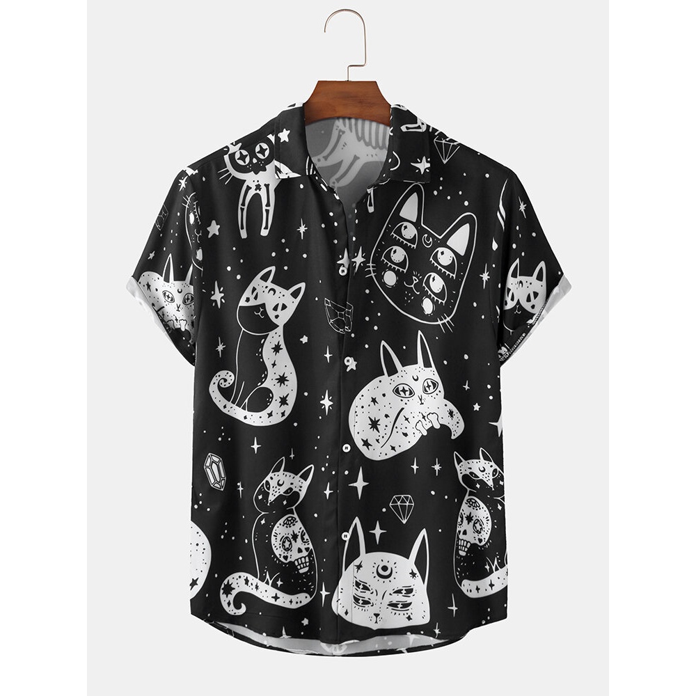 Mens Cartoon Cat Print Turn Down Collar Short Sleeve Shirts - White L
