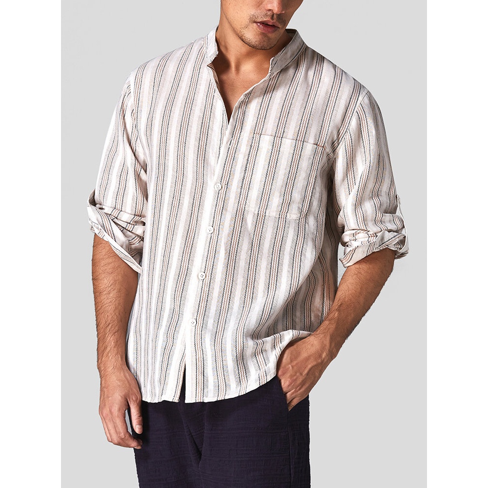 Mens 100% Cotton Vintage Striped Casual Shirts - M Light Blue