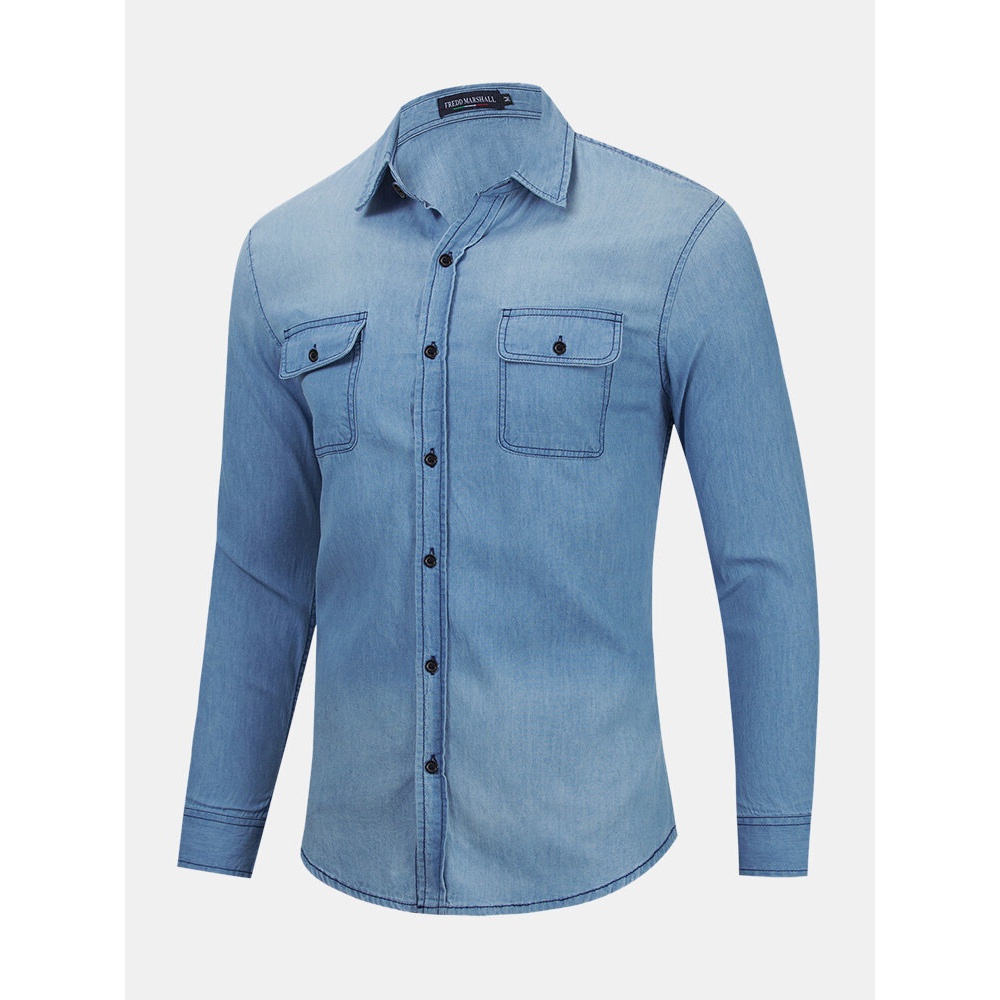 Men Denim Chest Pockets Button Up Casual Long Sleeve Shirts - Blue M