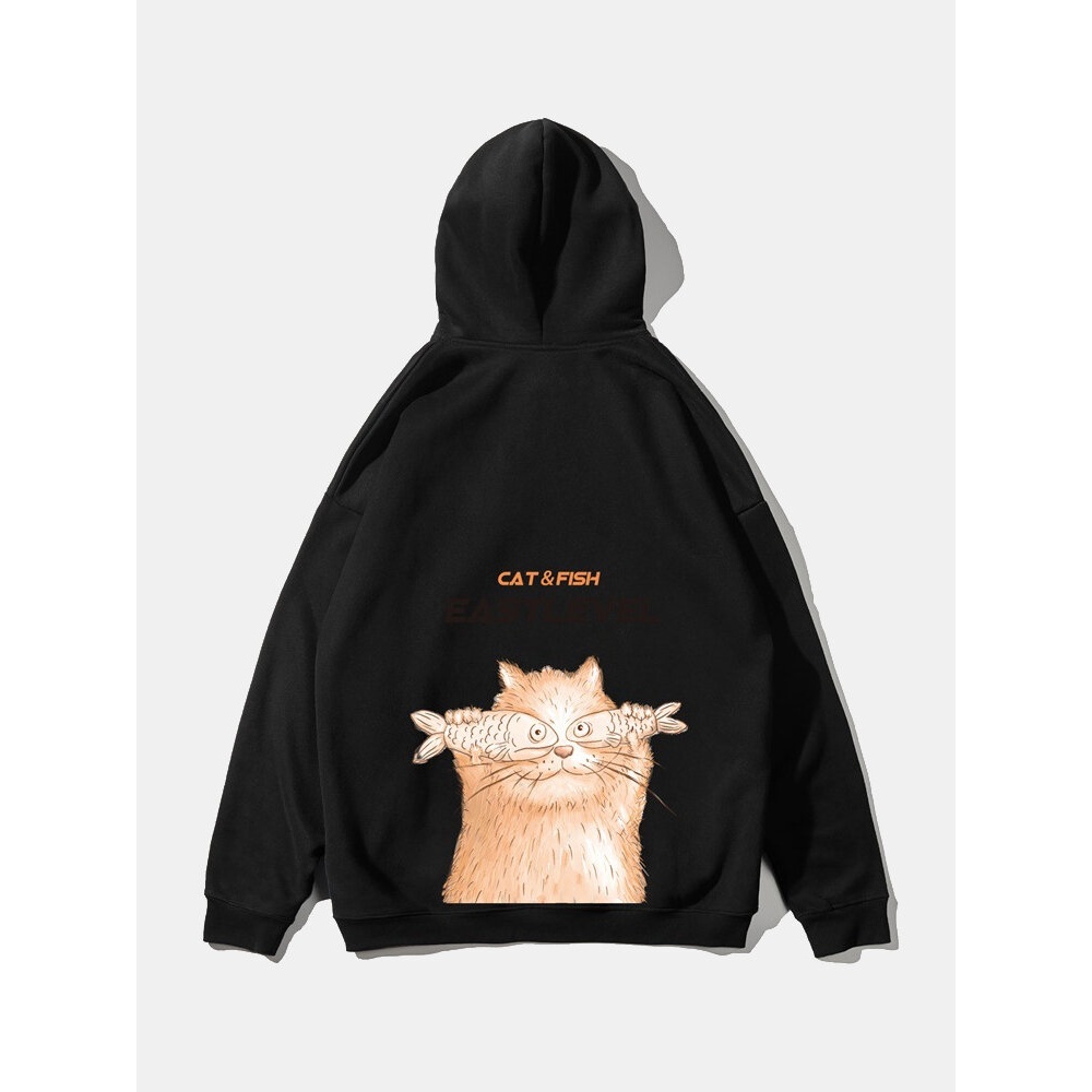 Mens Cartoon Back Print Plain Cotton Loose Pullover Hoodies - White S