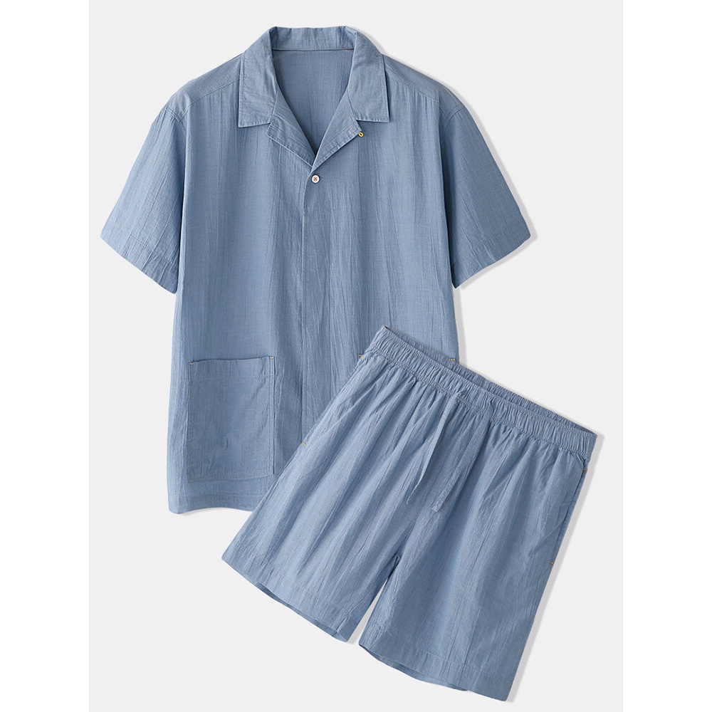 Mens Cotton Linen Solid Color Cozy Plain Breathable Shorts Loose Breathable Short Sleeve Shirts - Sky Blue L