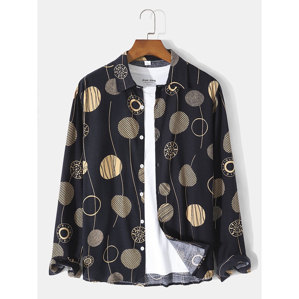 Men Cotton Geometric Line Button up Lapel Casual Shirts - Black S