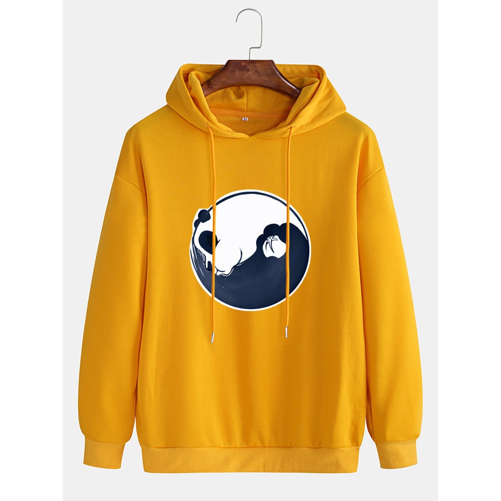 Cotton Mens Cartoon Panda Printed Dropped Shoulder Long Sleeve Casual Hoodies - White M