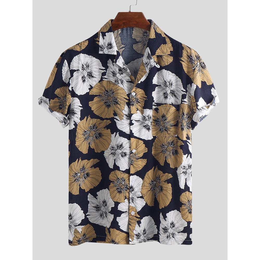ChArmkpR Men Floral Printed Hawaiian Vacation Shirts - M Brown