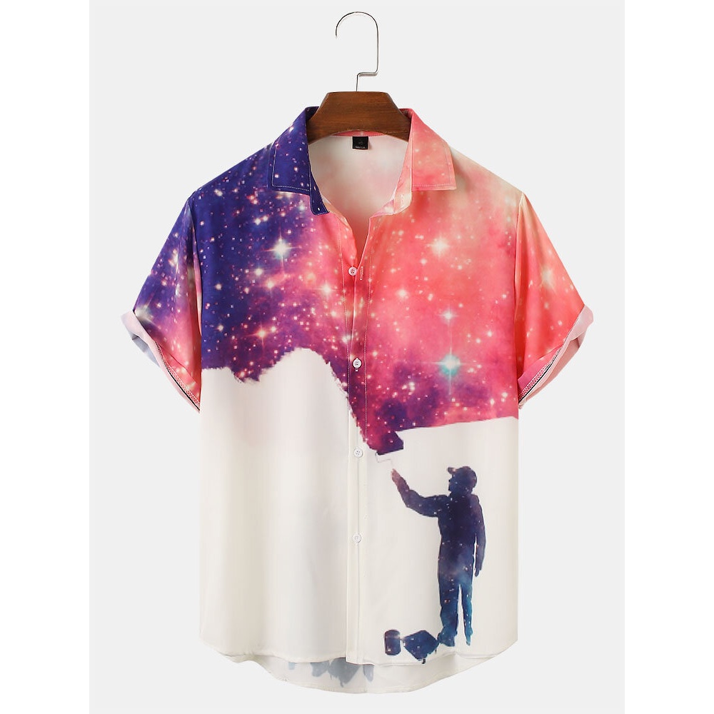 Mens Design Galaxy Print Figure Patterm Lapel Short Sleeve Shirts - White M