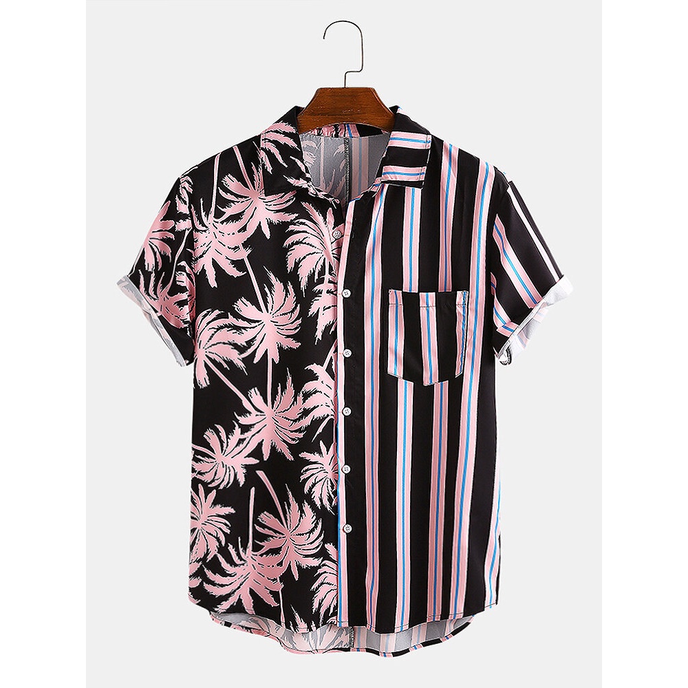 Men Coconut Tree Colorful Stripe Mixed Print Short Sleeve Casual Holiday Shirts - Light Pink M