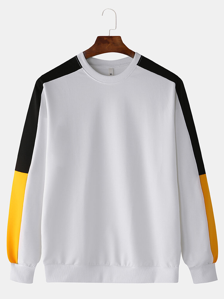 Men Fashion Casual Color Block Elastic Hem Crew Neck Sweatshirt - Blue 2XL - Image 2