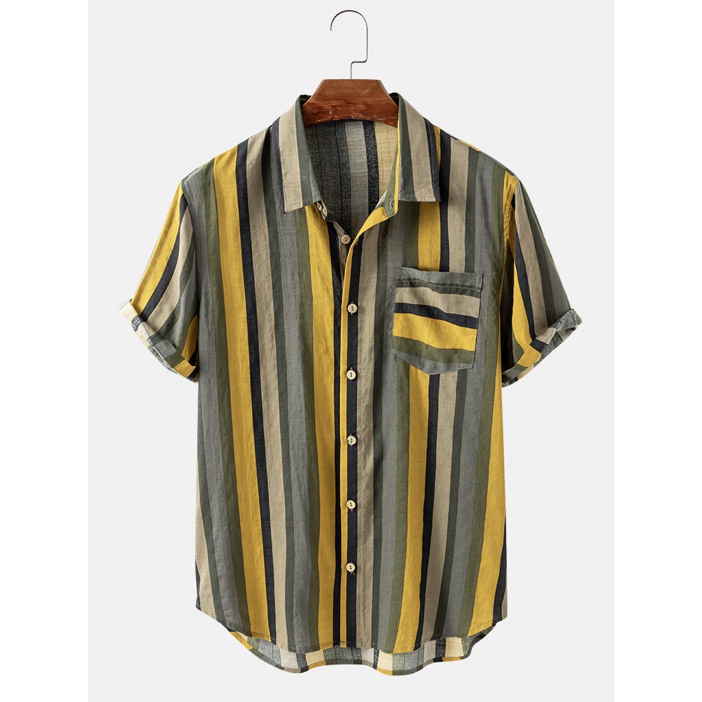 Mens Striped Turn Down Collar Short Sleeve Shirts - Yellow M