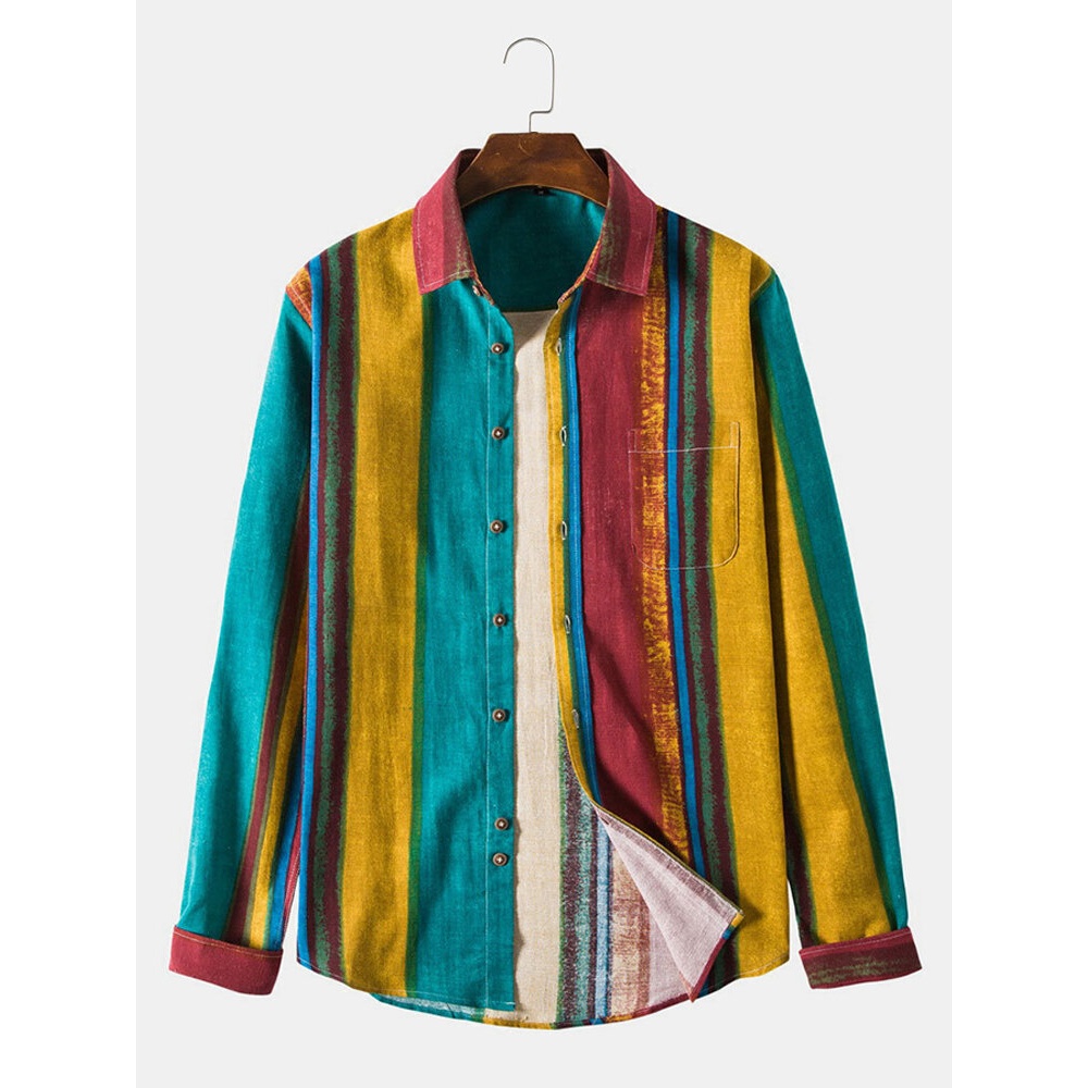 Mens Colorful Striped Turn Down Collar Long Sleeve Shirts - Blue L