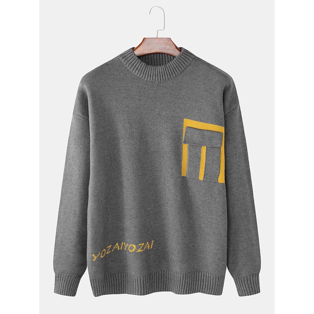 Mens Letter Chest Pocket Colorblock Knitted Round Neck Casual Sweaters - M Navy