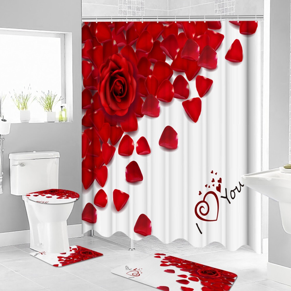 180x180CM Valentine Red Rose Petal Pringting Waterproof Shower Curtain Anti-slip Dustproof 3-in-1 Bath Mat Kit - Floor Mat - Image 2