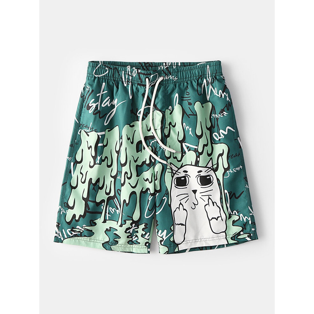 Mens Funny Graffiti Print Mesh Liner Quick Dry Holiday Casual Board Shorts - Green S