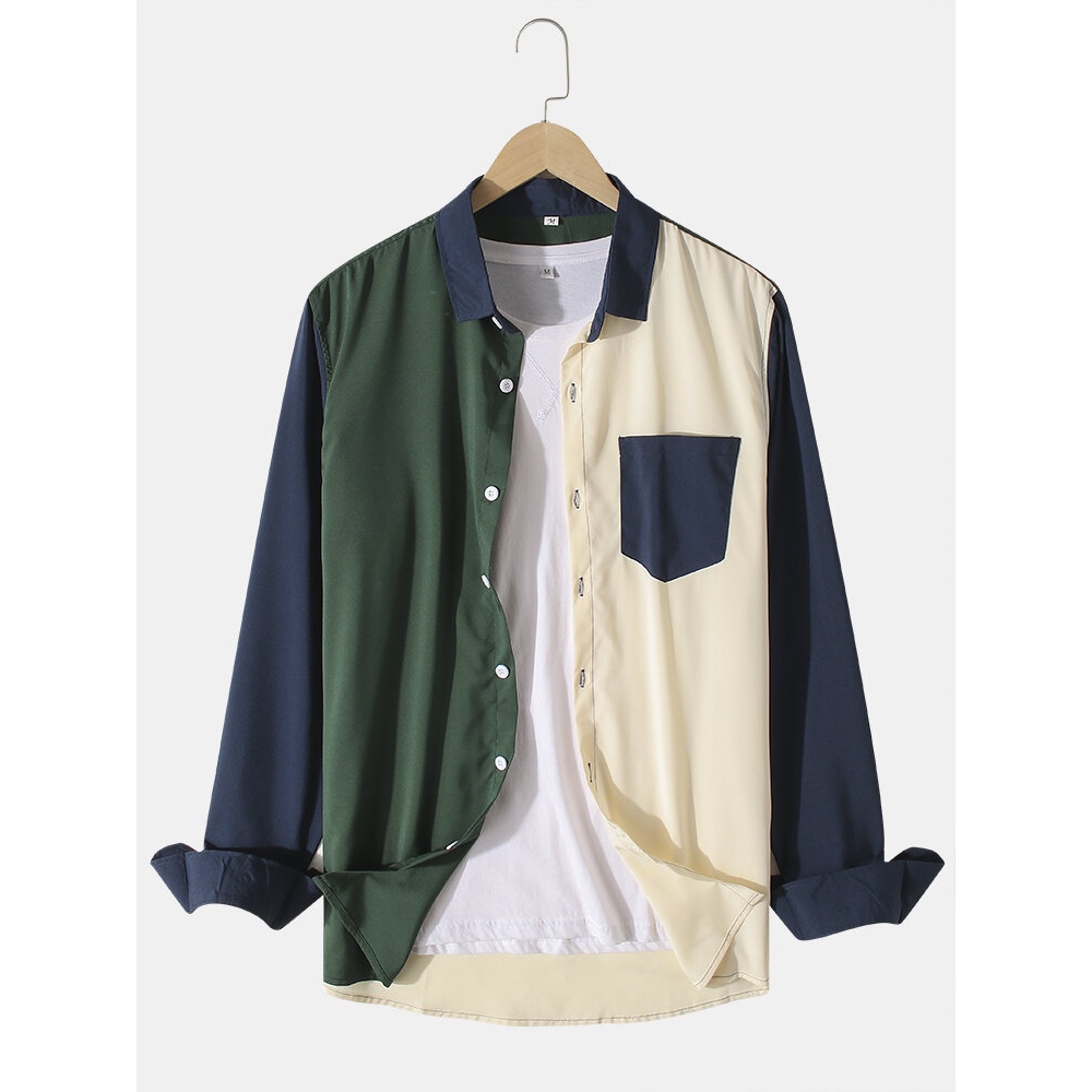 Mens Contrasting Color Pacthwork Button Up Simple Long Sleeve Shirts - Green M