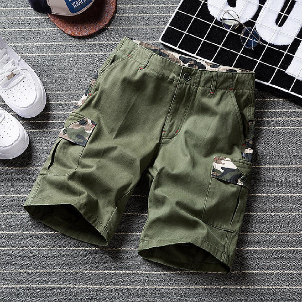 Men's Five Pants Camouflage Shorts Multi-pocket Loose Straight Pants - XL Black