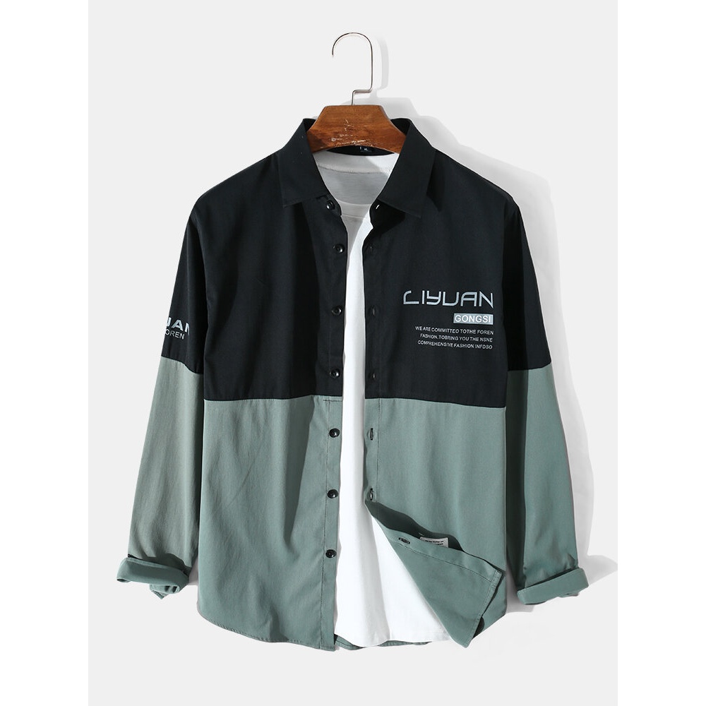 Mens Daily Artsy Letter Button Splicing Color Block Shirt - White XL