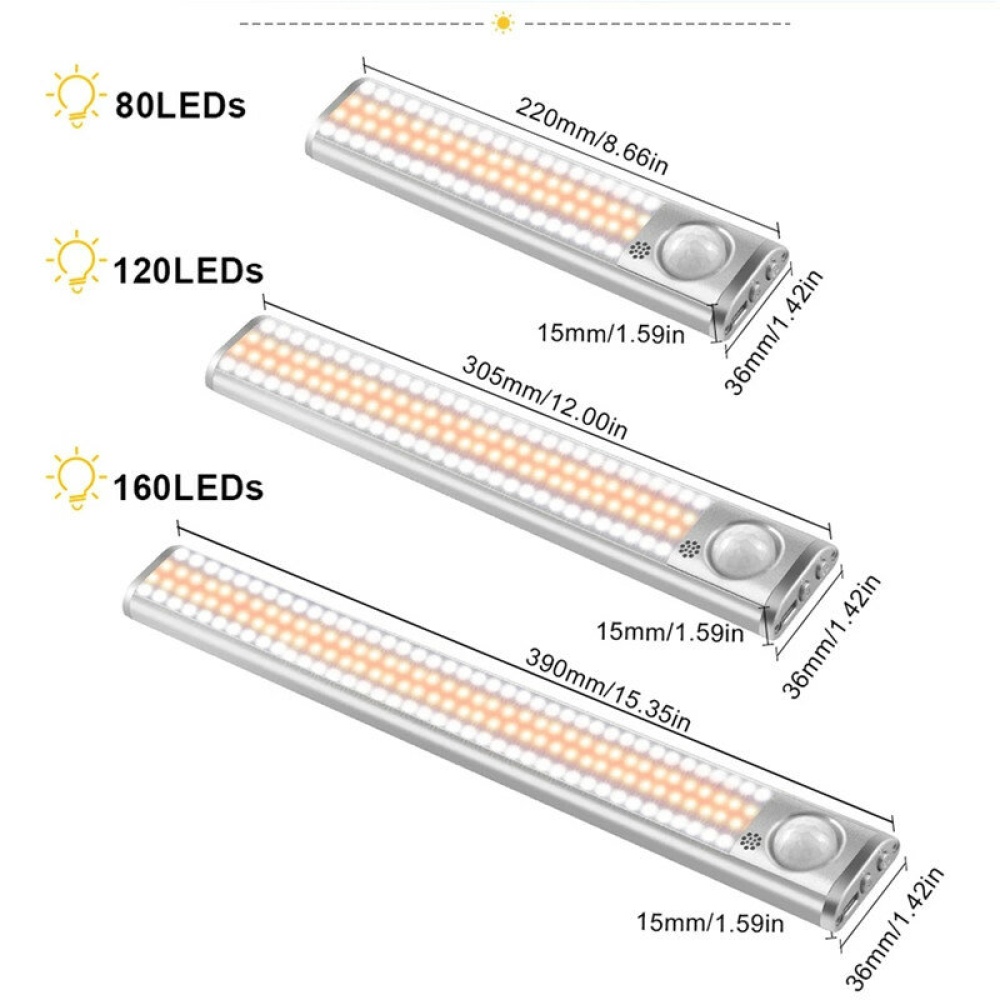 80/120/160LEDs 3 Light Colors PIR Motion Sensor Led Cabinet Light Dimmable Wardrobe Closet Lights USB Rechargeable Night Lamp 3 Modes - 160LED - Image 2