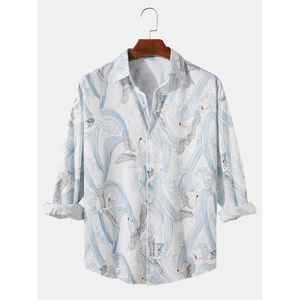 Mens Oriental Crane Cartoon Pattern Long Sleeve Ethnic Style Shirts - White M
