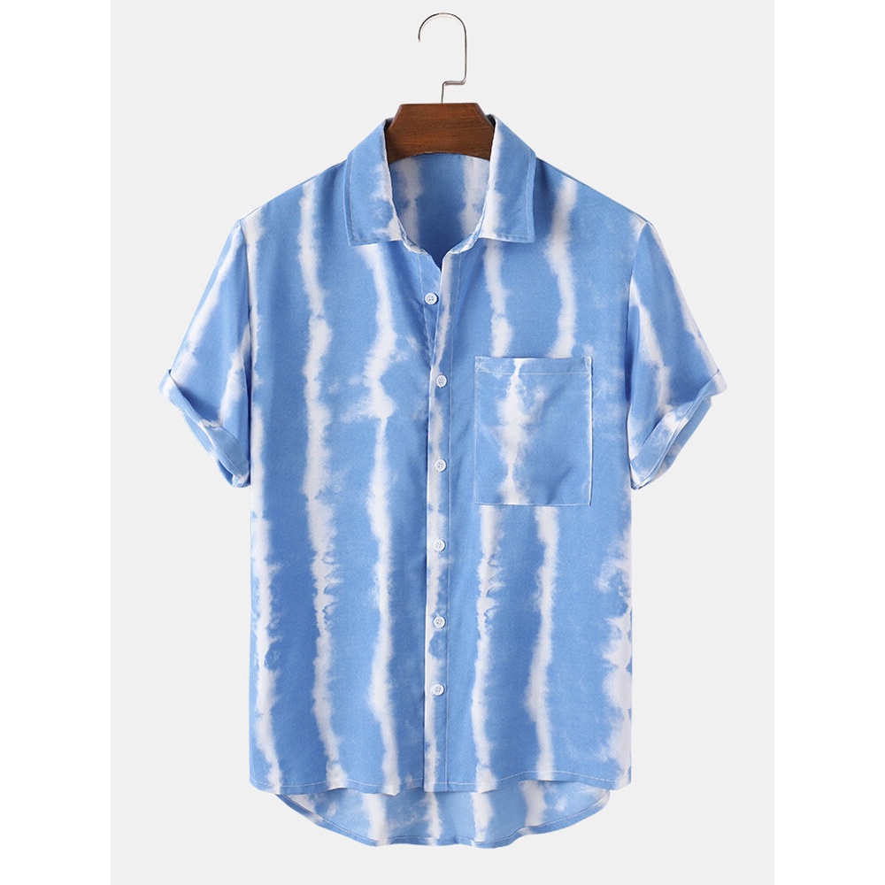 Mens Holiday Pocket Wave Short Sleeve Casual Shirts - Sky Blue S