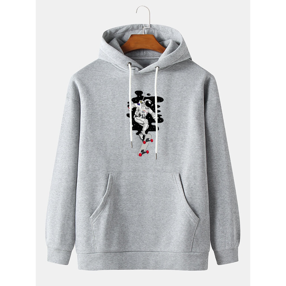 Funny Astronaut Print Kangaroo Pocket Long Sleeve Hoodies For Men - Black L