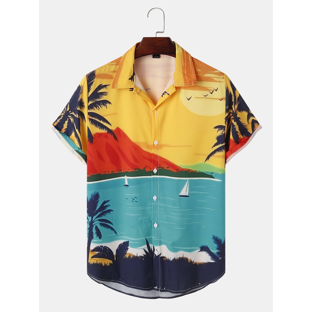 Mens Hawaiian Beach Landscape Print Holiday Shirts - Yellow S