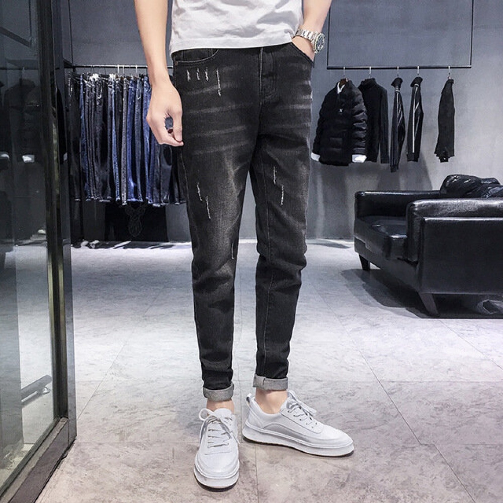 Season New Elastic Men's Jeans Casual Slim Feet Pants Trend Men's Long Pants - 30 Black - Image 2