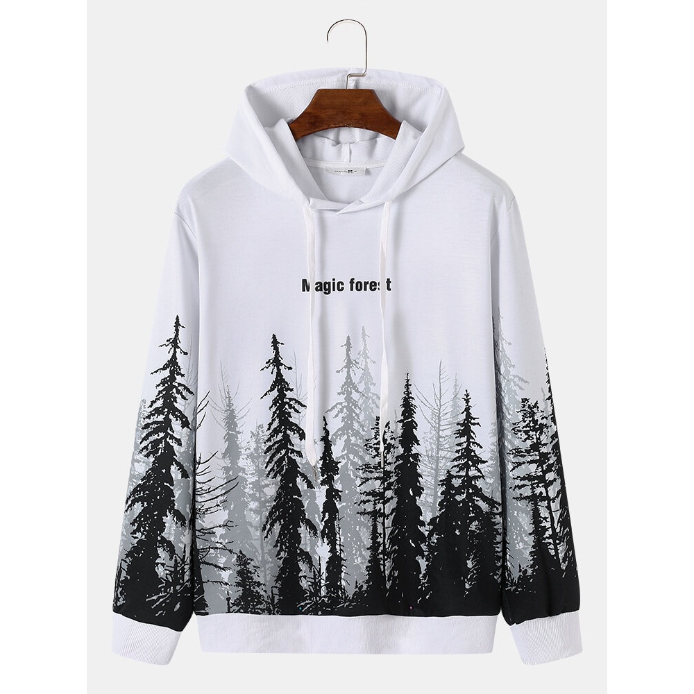 Men Street Landscape Trees Letter Character Pullover Hooded Sweatshirt - White S