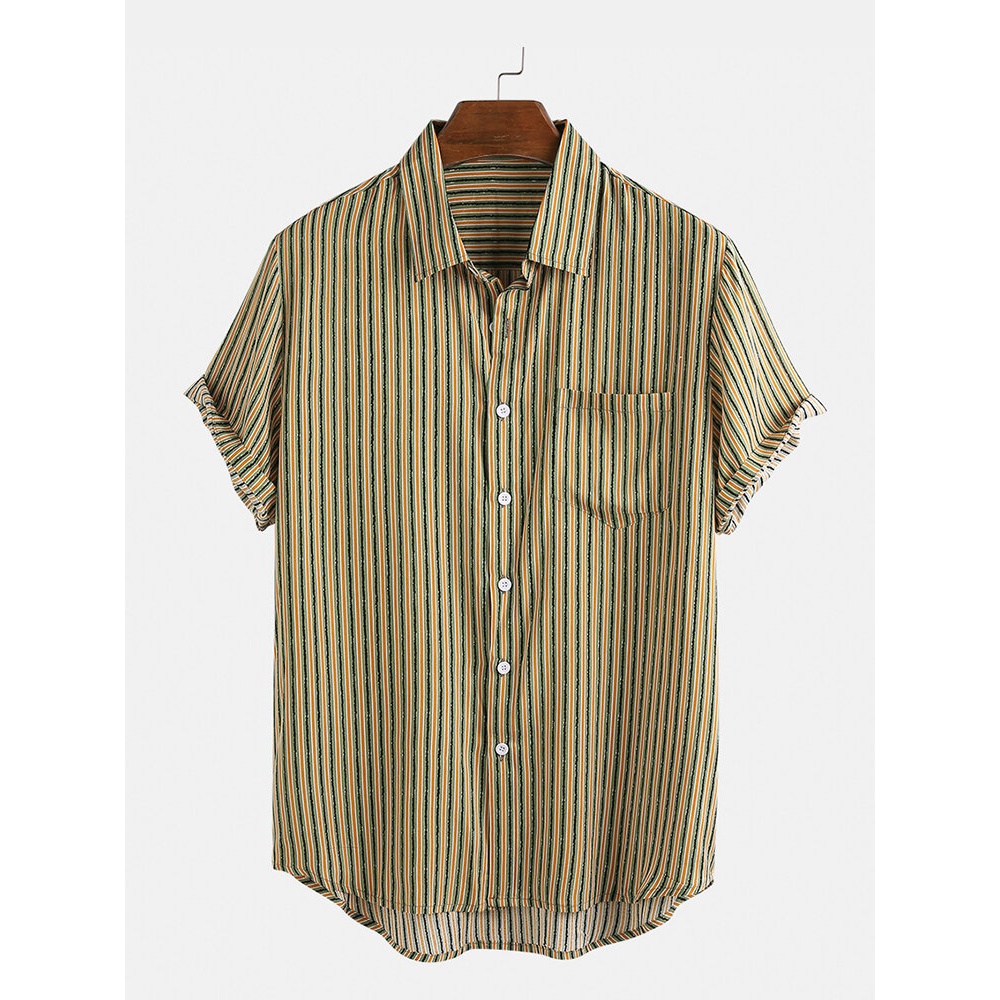 Mesn Thin Srtiped Turn Down Collar Short Sleeve Shirts - Green S