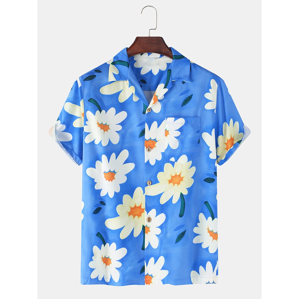 Mens Abstract Floral Print Lapel Collar Hawaii Style Short Sleeve Shirts - Blue XL