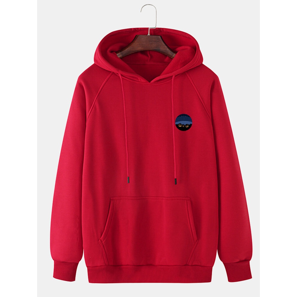 Mens  Pumpkin Print Kangaroo Pocket Long Raglan Sleeves Hoodies - Khaki M