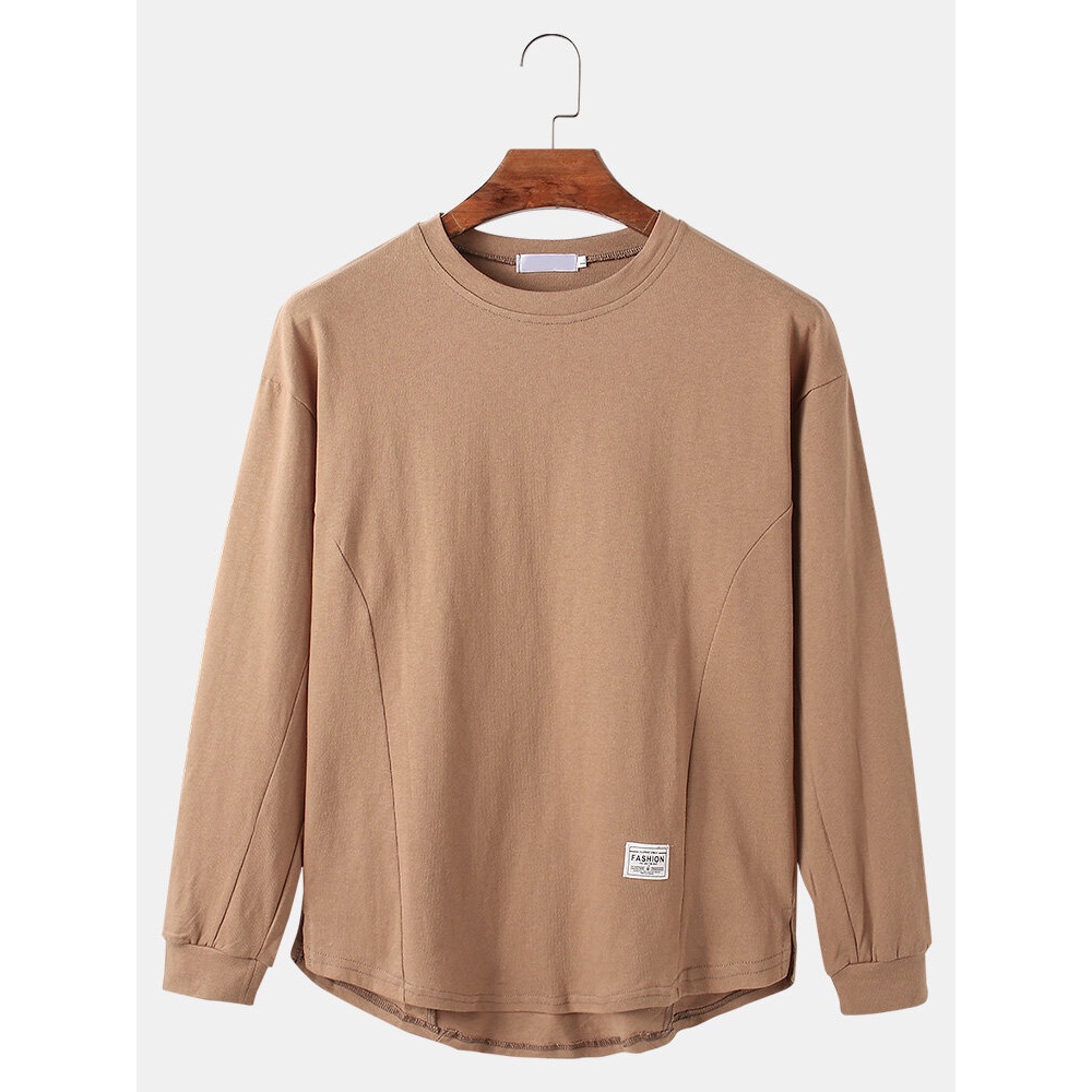 Cotton Mens Solid Color Round Neck Long Sleeve Loose T-Shirts - Grey XL