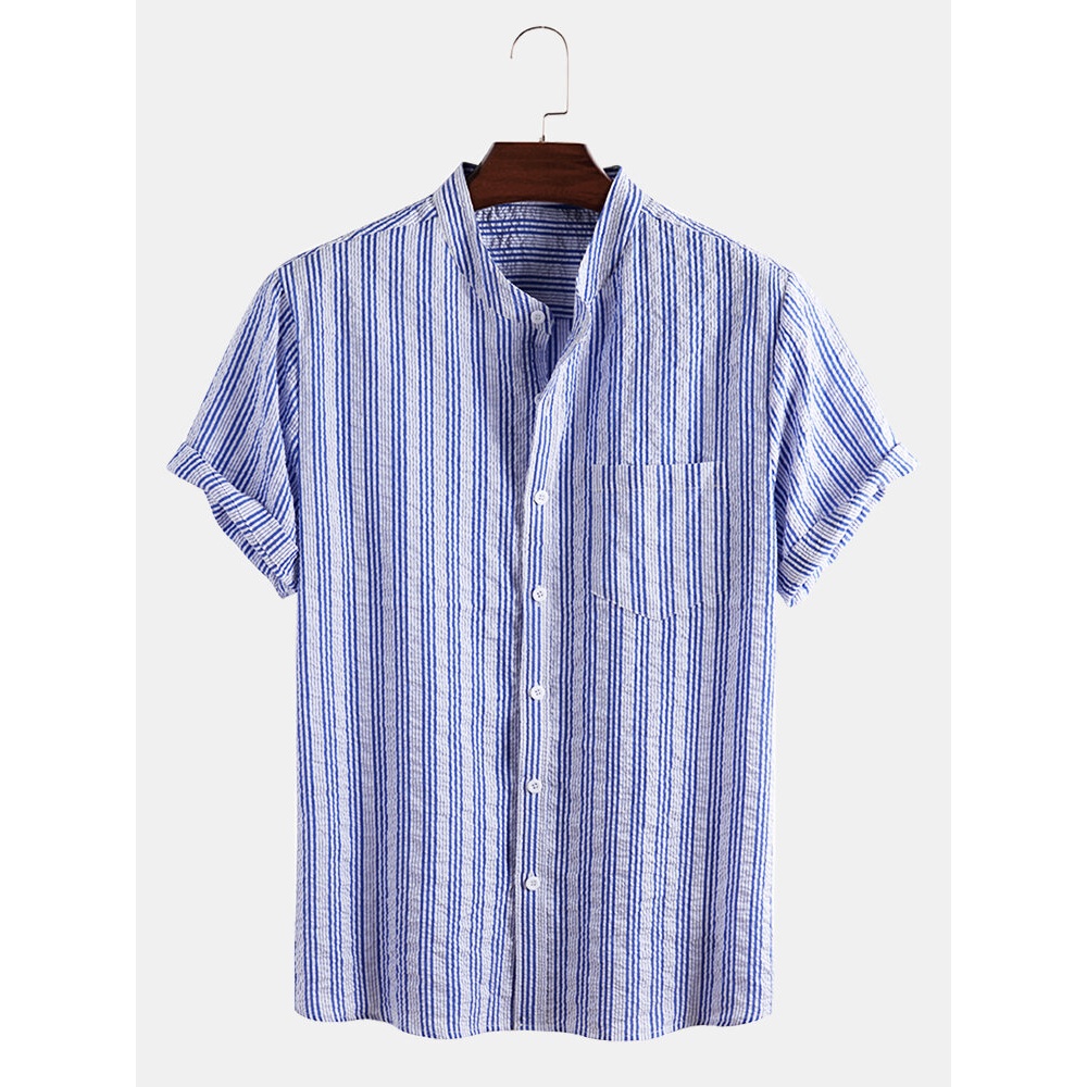 Mens Striped Print Light Casual Short Sleeve Stand Collar Shirts With Pocket - Sky Blue M