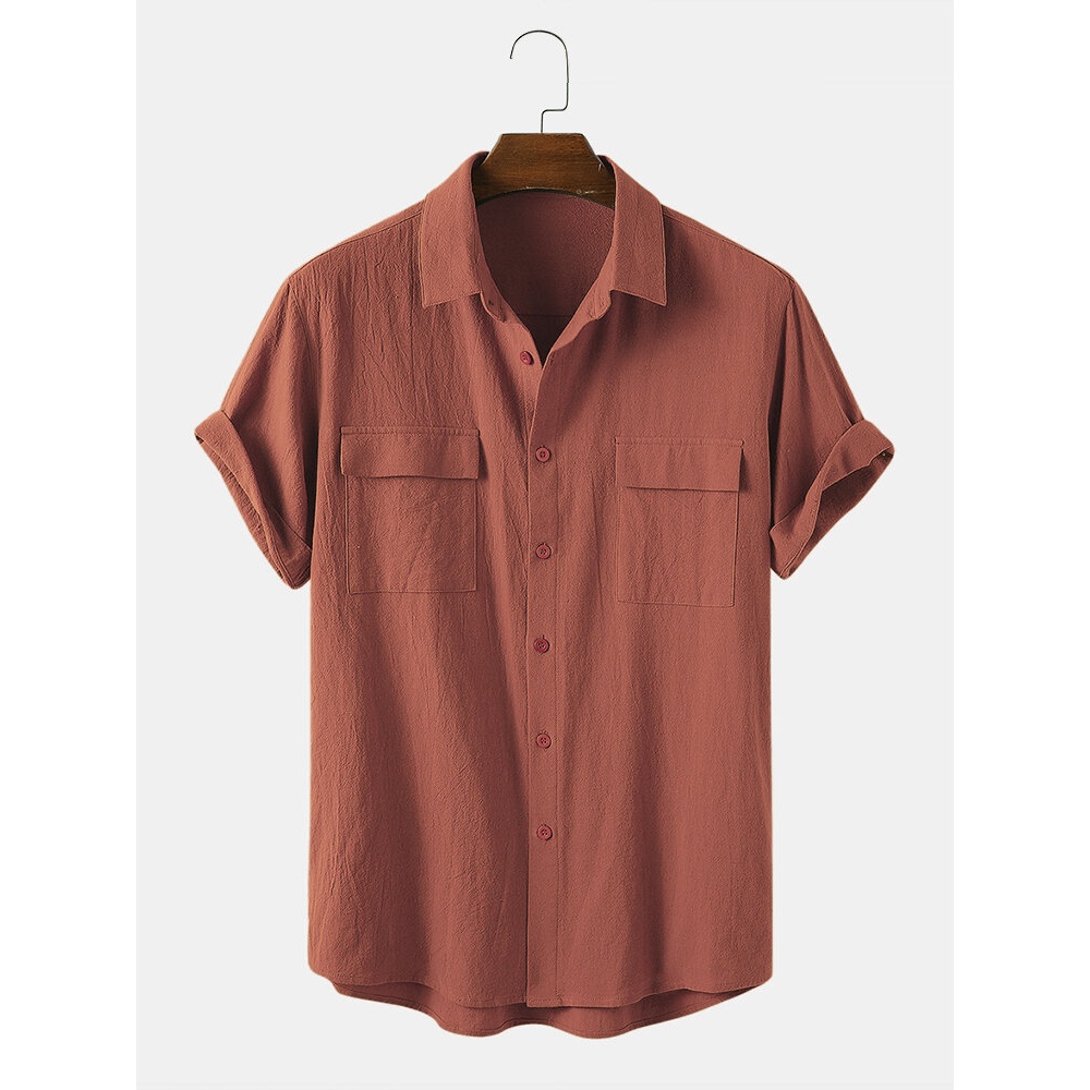 Men 100% Cotton Solid Color Double Pocket Casual Shirts - Orange XL