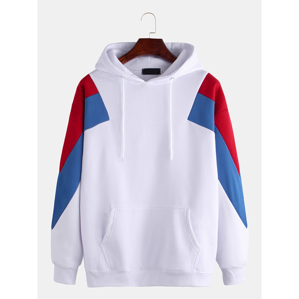 Mens Patchwork Color Printed Long Sleeve Hooded Sweatshirt - S White