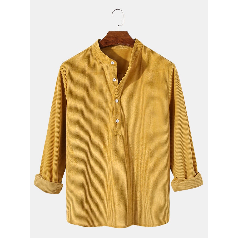 Mens Corduroy Stand Collar Plain Long Sleeve Henley Shirts - Yellow S