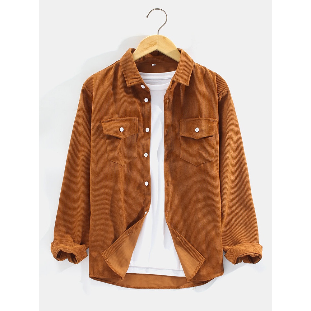 Mens Solid Color Double Pockets Lapel Casual Long Sleeve Shirt - Brown M