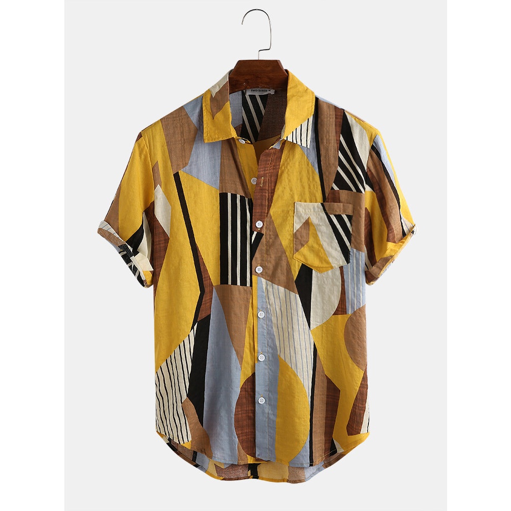 Mens Patcwork Fashion Color Block Loose Fit Causal Shirts - 3XL Yellow